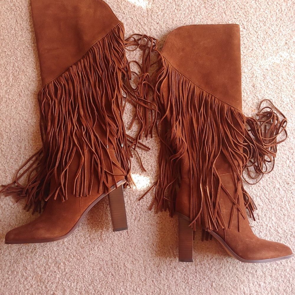 JESSICA SIMPSON ASIRE FRINGE BOOTS 9.5. "NUT" Heels- 3 1/2